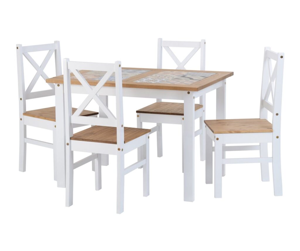 Salvador 1 4 tile top dining set white distressed waxed pine
