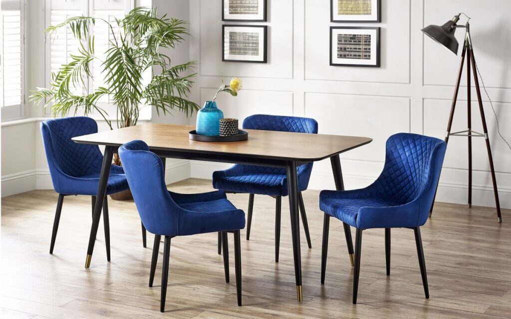 Findlay rectangular dining table 4 luxe blue chairs roomset