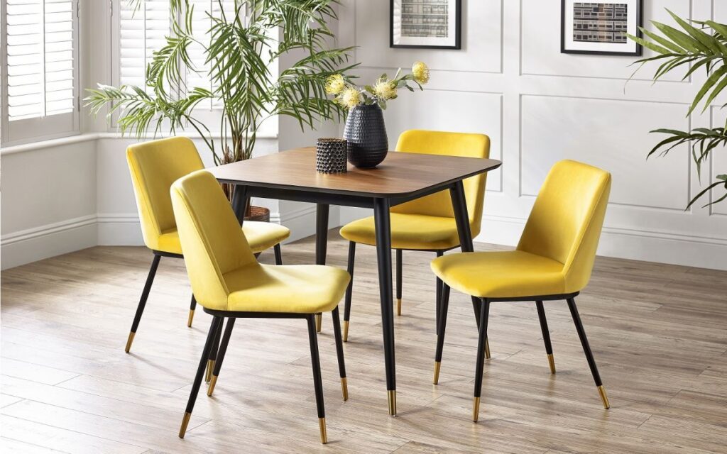 Findlay square dining table 4 delaunay mustard chairs roomset
