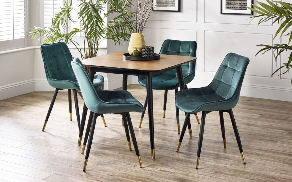 Findlay square dining table 4 hadid green chairs roomset