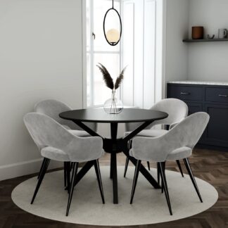 Round Black Dining Table Set with 4 Grey Fabric Chairs - Seats X4