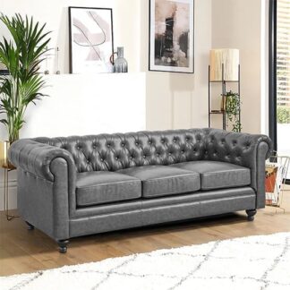 Hertford Chesterfield Faux Leather 3 Seater Sofa In Vintage Grey