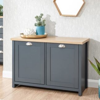 Loftus Wooden Shoe Cabinet In Slate Blue And Oak With 2 Doors
