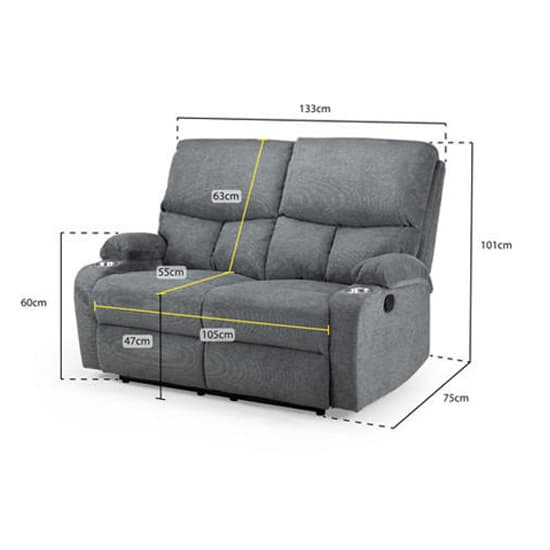Sophia Grey Fabric Recliner 2 Seater Sofa - Image 4