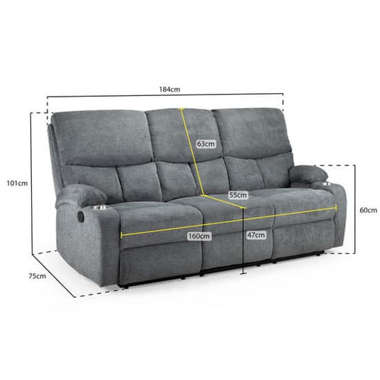 Sophia Grey Fabric Recliner 3 Seater Sofa - Image 3