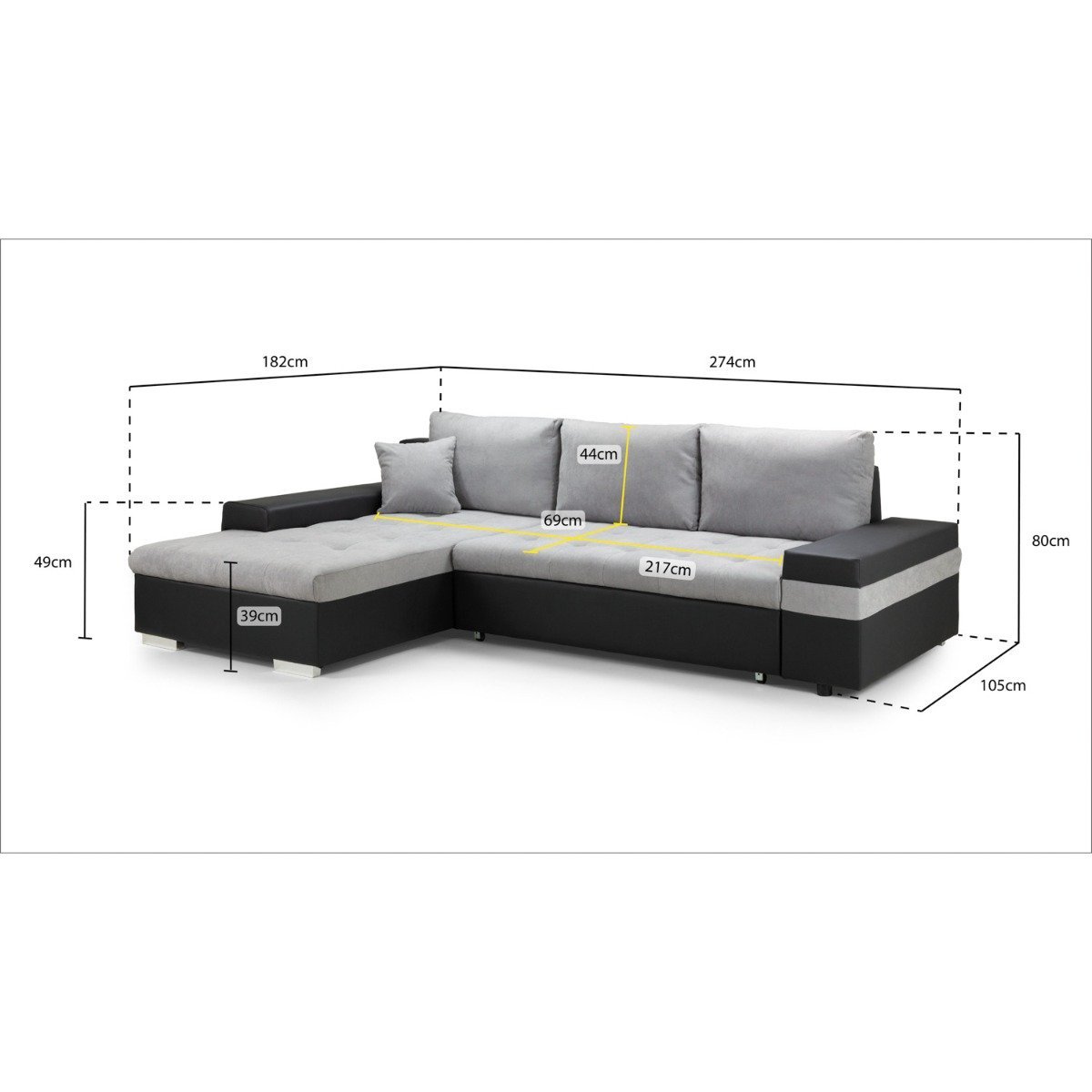 Newbury Black and Grey Left Hand Facing Corner Sofa Bed - Image 4