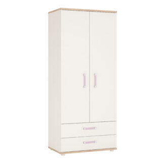 4Kids 2 Door 2 Drawer Wardrobe in Light Oak and white High Gloss (lilac handles)