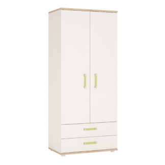 4Kids 2 Door 2 Drawer Wardrobe in Light Oak and white High Gloss (lemon handles)