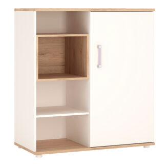 4Kids Low Cabinet with shelves (Sliding Door) in Light Oak and white High Gloss (lilac handles)