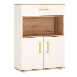 4Kids 2 Door 1 Drawer Cupboard with open shelf in Light Oak and white High Gloss (lemon handles)