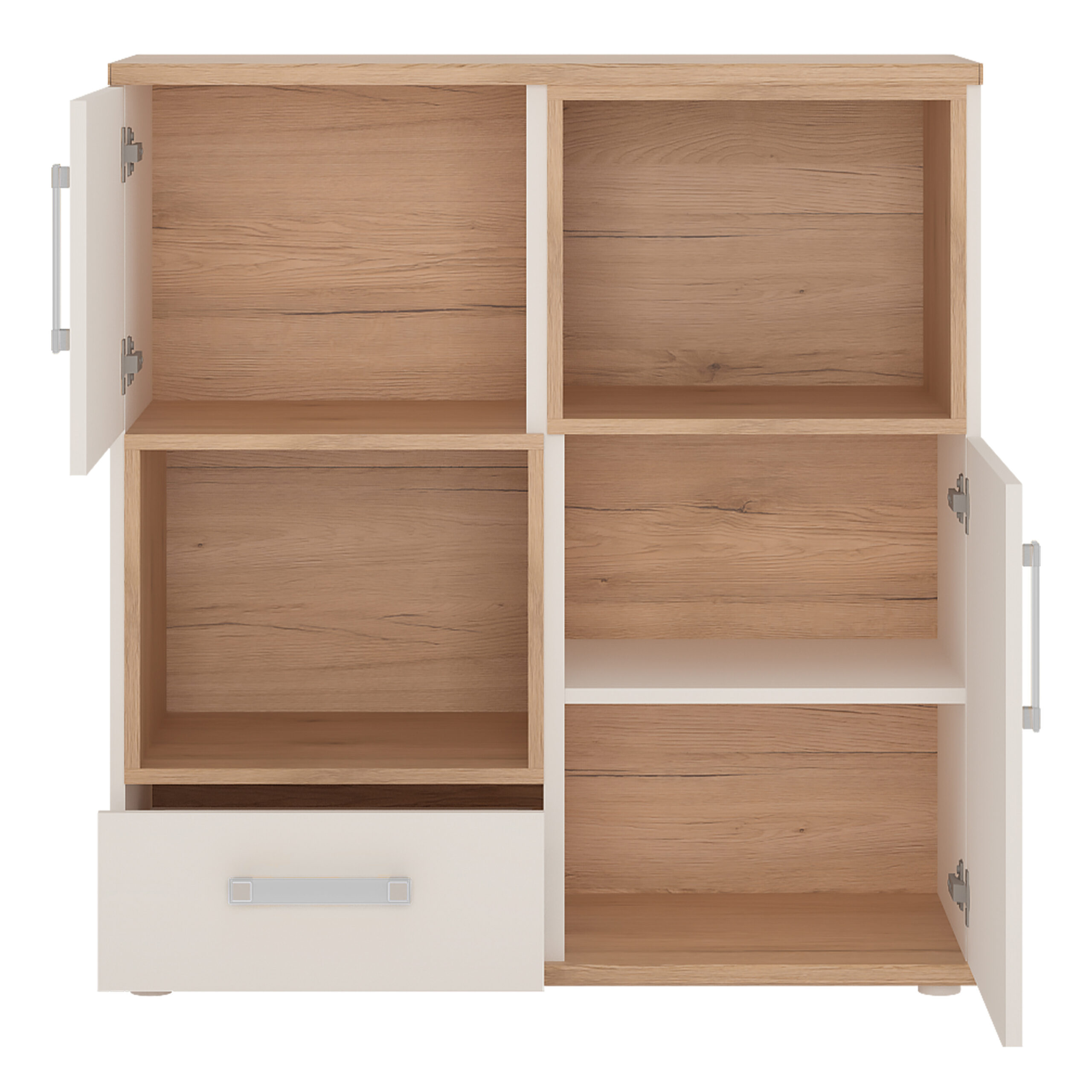 4Kids 2 Door 1 Drawer Cupboard with 2 open shelves in Light Oak and white High Gloss (opalino handles) - Image 2