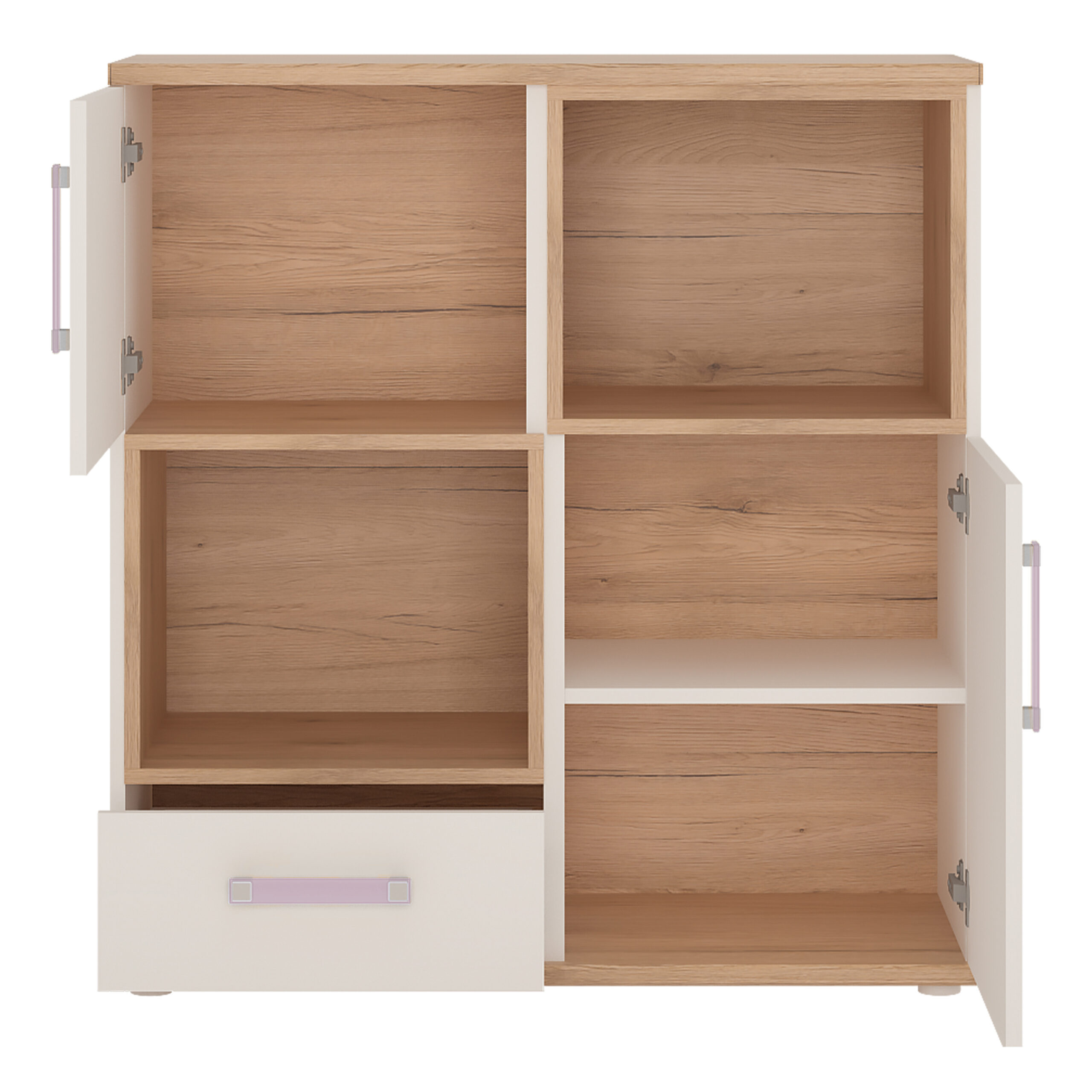 4Kids 2 Door 1 Drawer Cupboard with 2 open shelves in Light Oak and white High Gloss (lilac handles) - Image 2
