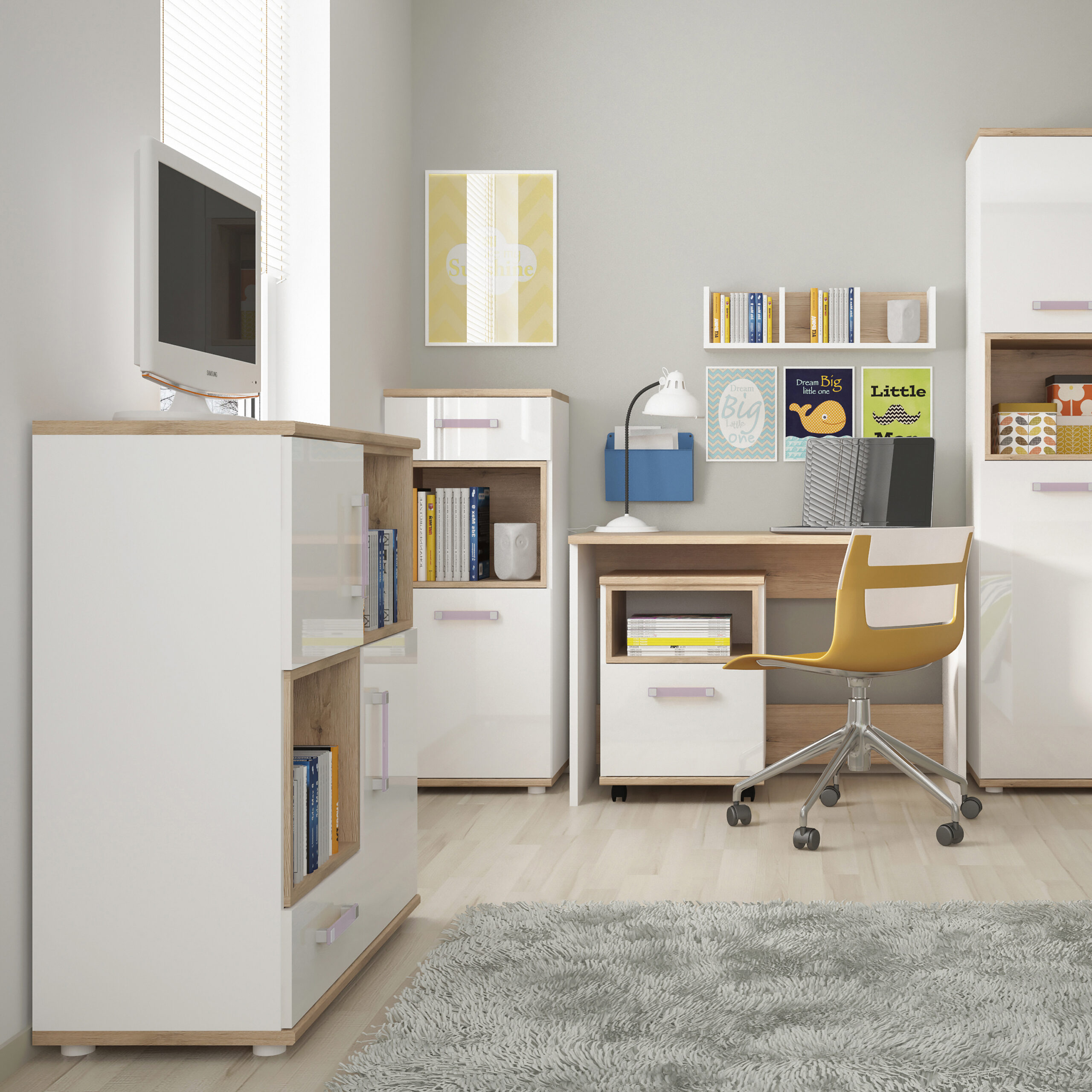 4Kids 2 Door 1 Drawer Cupboard with 2 open shelves in Light Oak and white High Gloss (lilac handles) - Image 3