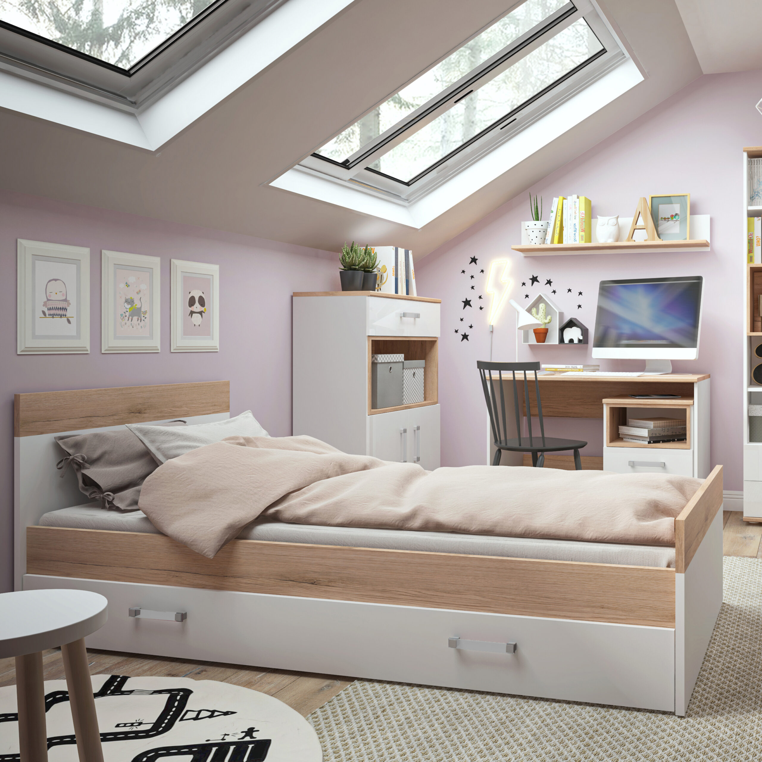 4Kids Single Bed with under Drawer in Light Oak and white High Gloss (opalino handles) - Image 3