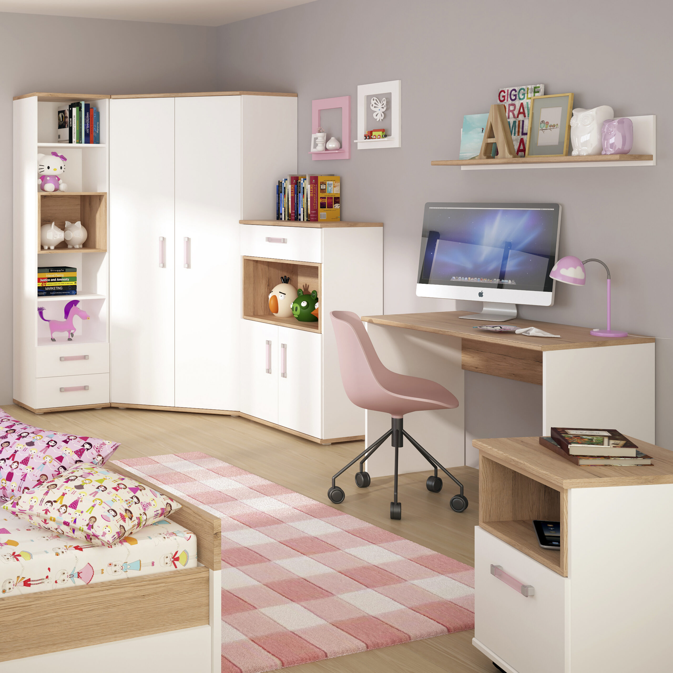 4Kids 1 Drawer bedside Cabinet in Light Oak and white High Gloss (lilac handles) - Image 4