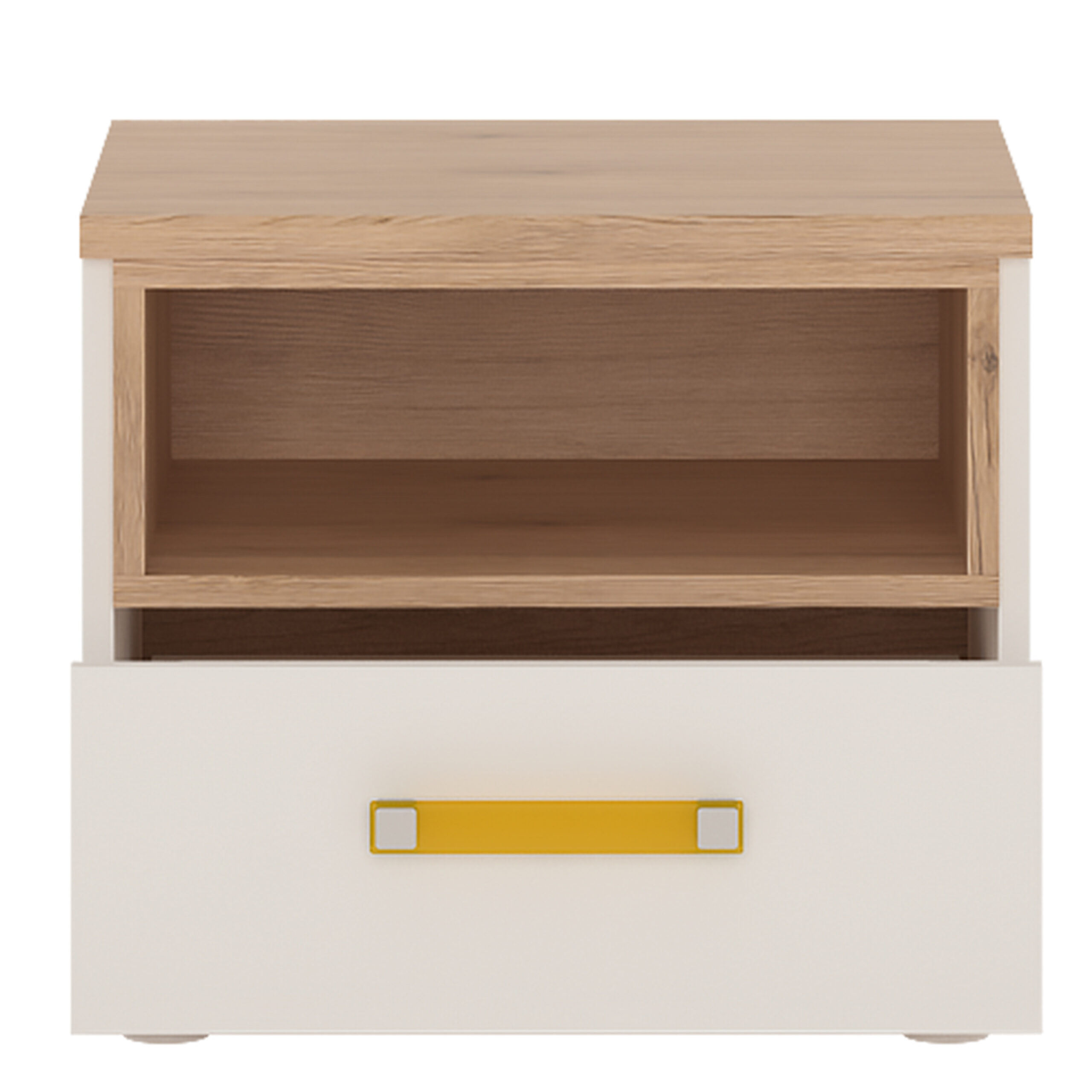 4Kids 1 Drawer bedside Cabinet in Light Oak and white High Gloss (orange handles) - Image 2