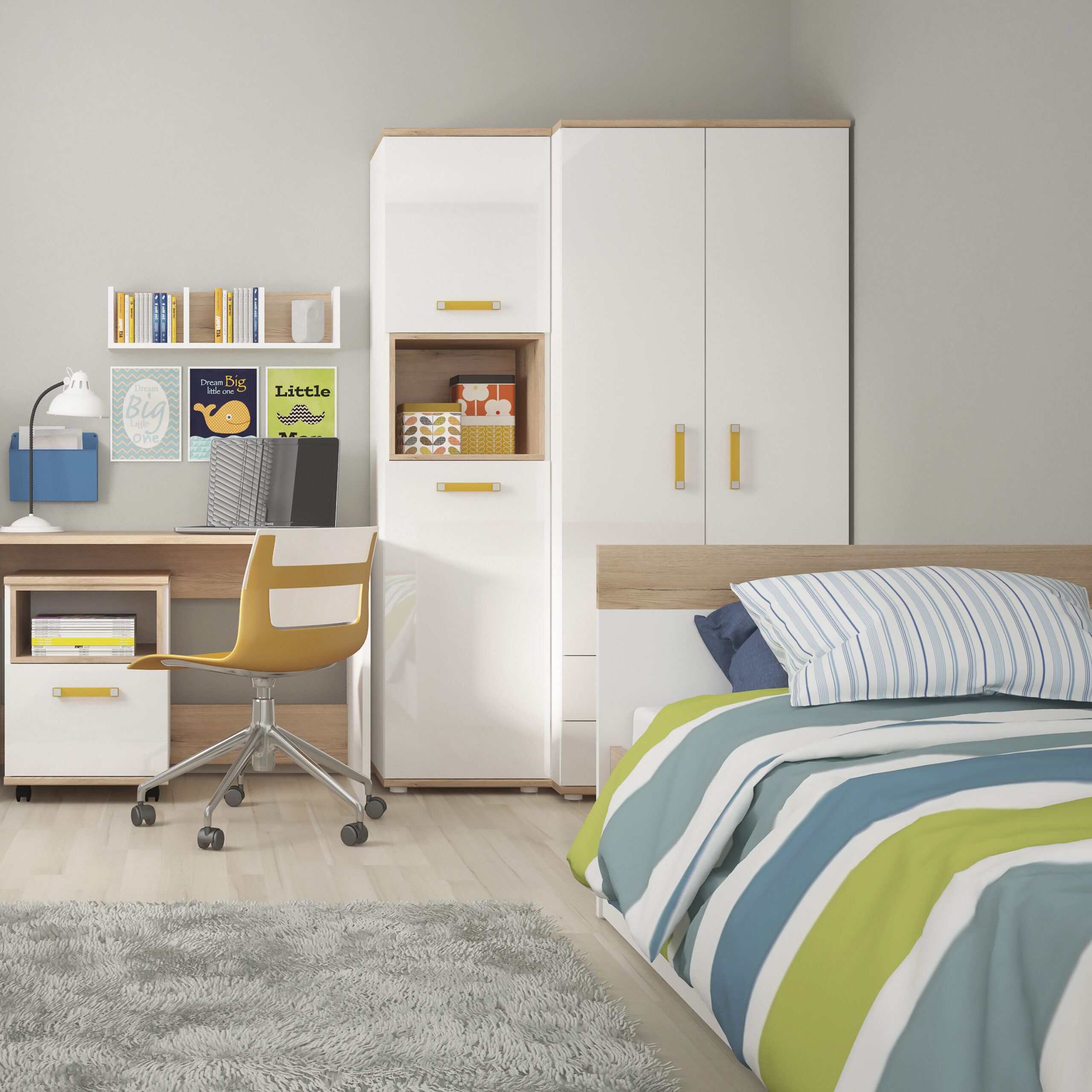 4Kids 1 Drawer bedside Cabinet in Light Oak and white High Gloss (orange handles) - Image 3