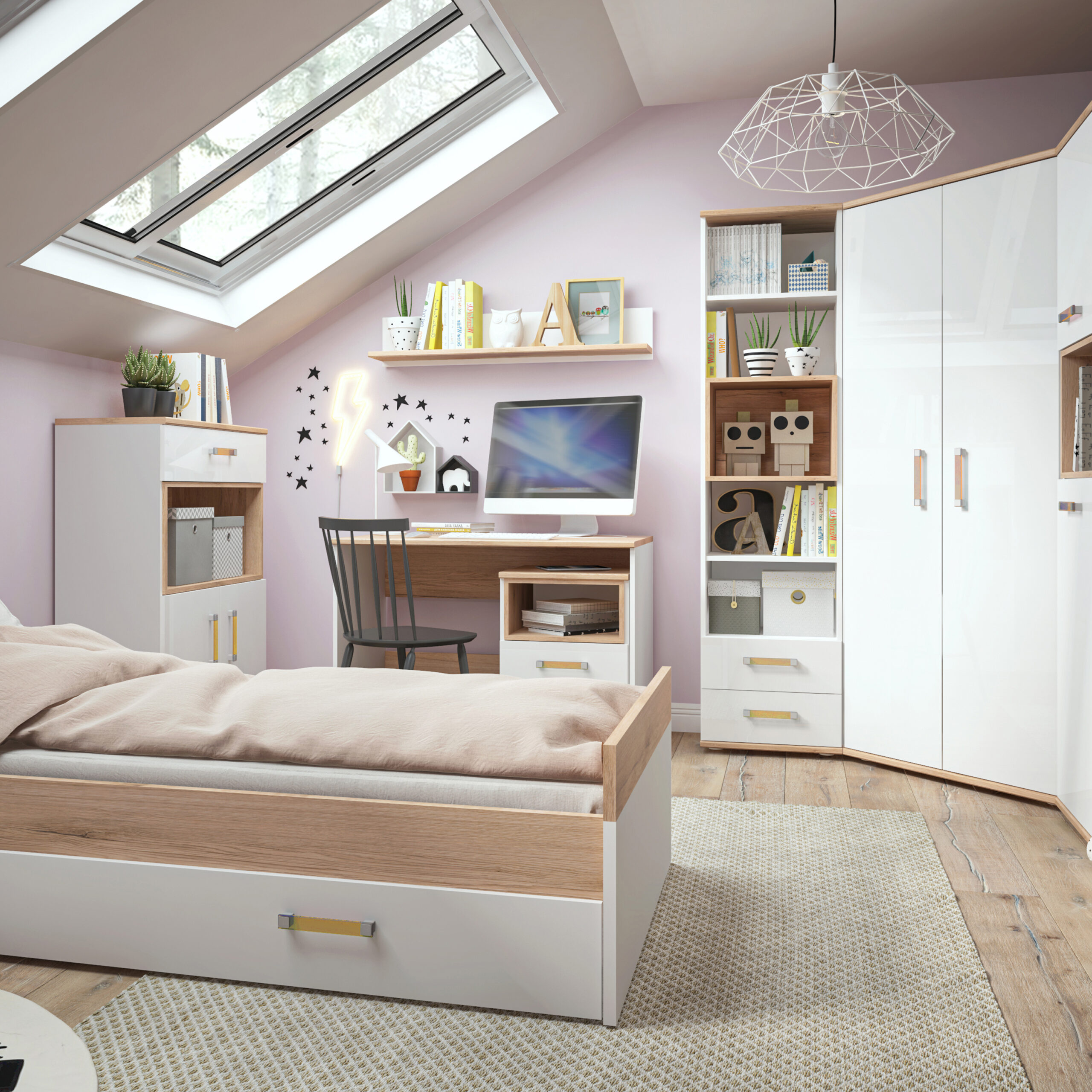 4Kids 1 Drawer bedside Cabinet in Light Oak and white High Gloss (orange handles) - Image 4