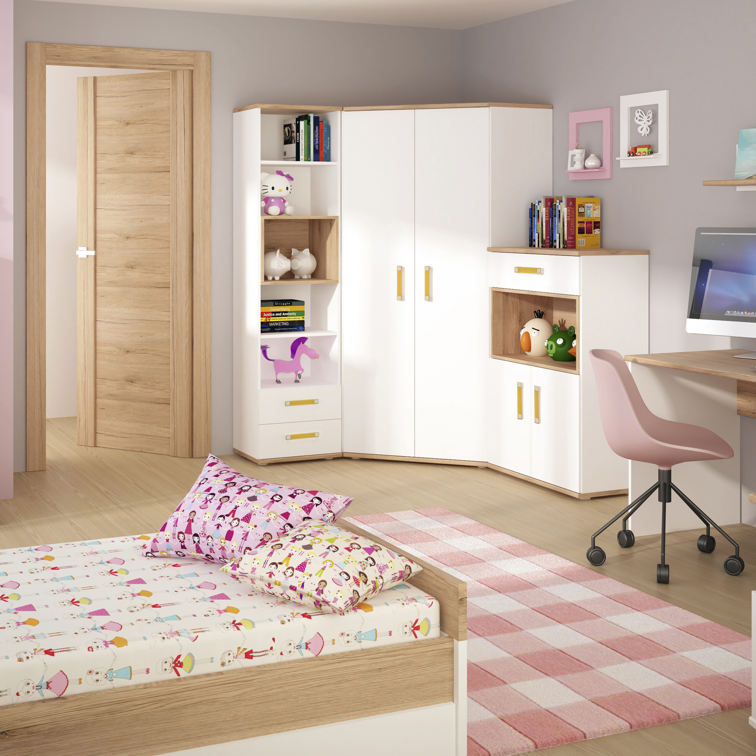 4Kids 1 Drawer bedside Cabinet in Light Oak and white High Gloss (orange handles) - Image 5