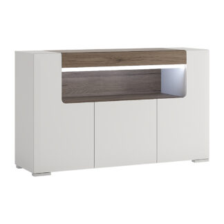 Toronto 3 Door Sideboard with open shelving (inc. Plexi Lighting) In White and Oak