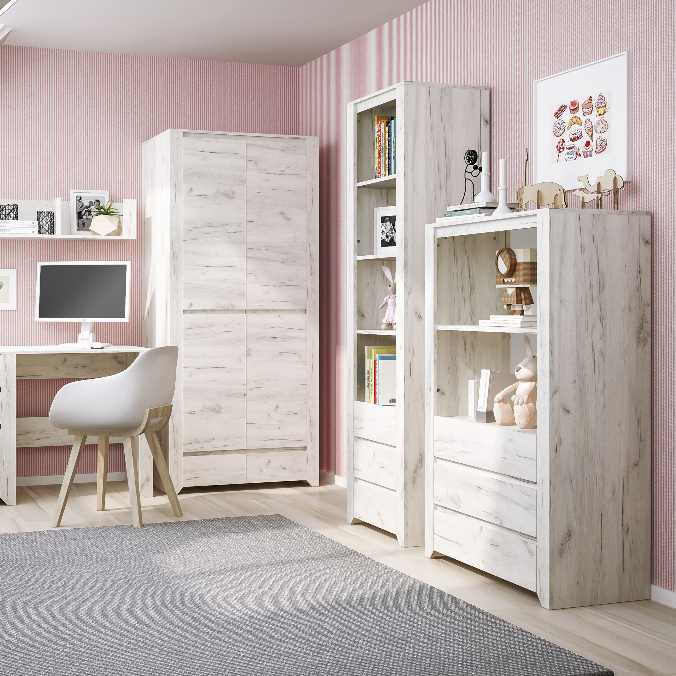 Angel 3 Drawer Cupboard with Open Shelf in White Craft Oak - Image 4