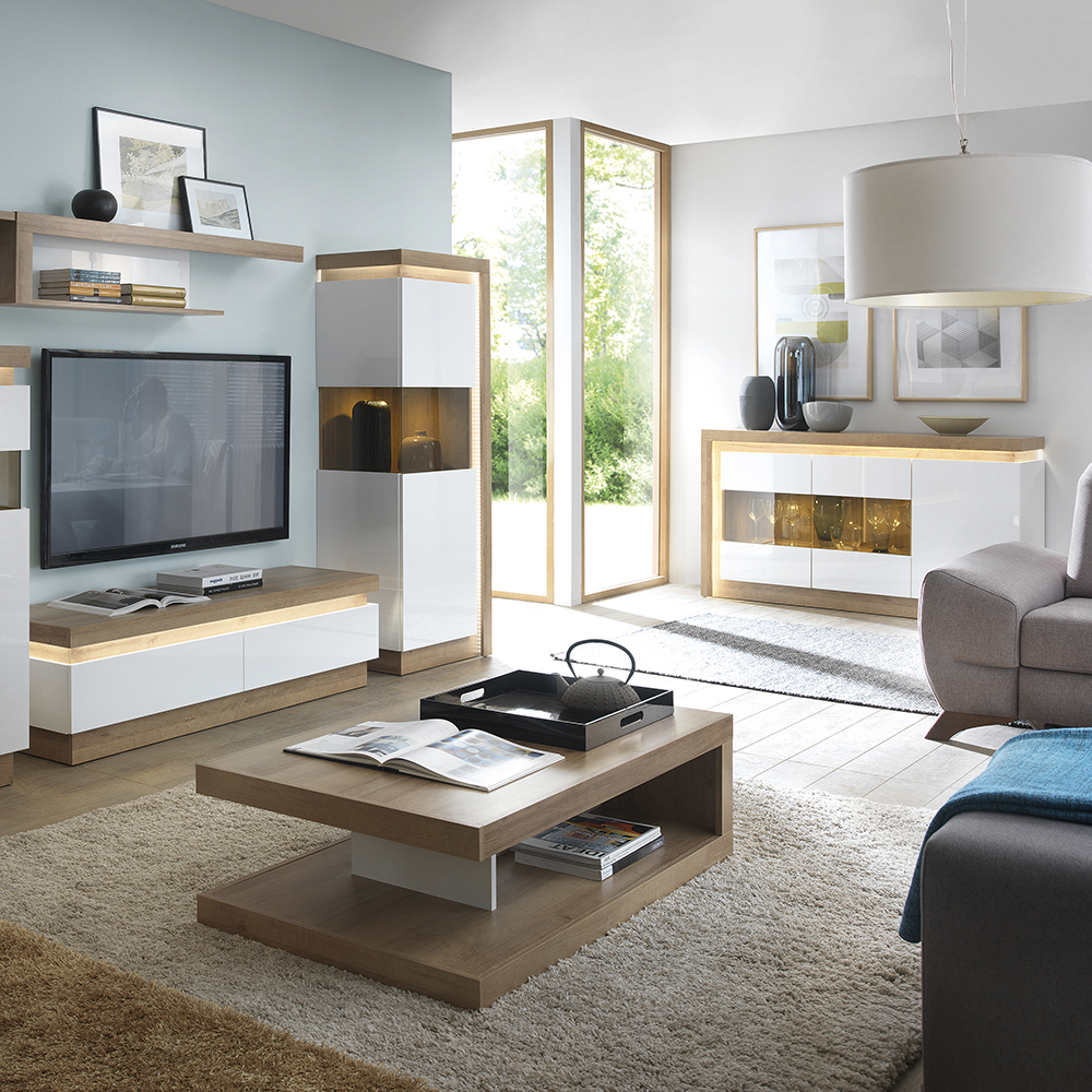 Lyon Narrow display cabinet (LHD) 164.1cm high in Riviera Oak/White High Gloss - Image 4