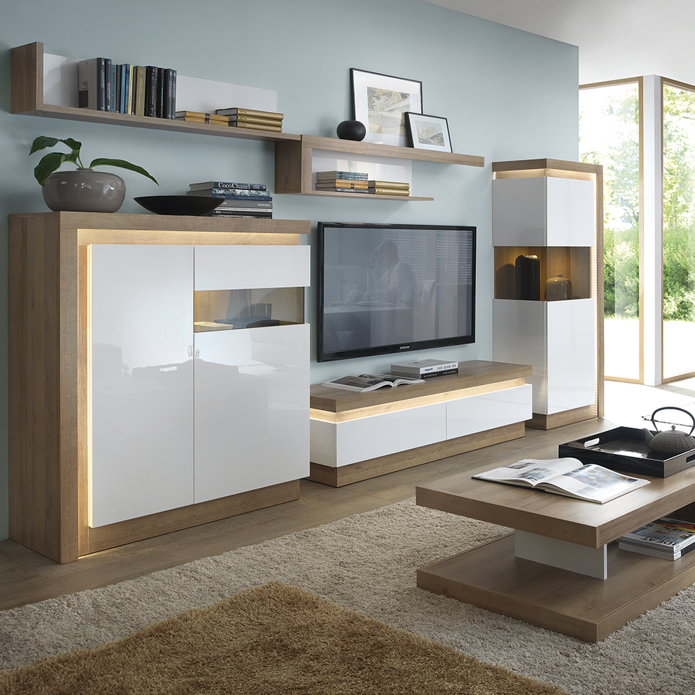 Lyon Narrow display cabinet (LHD) 164.1cm high in Riviera Oak/White High Gloss - Image 5