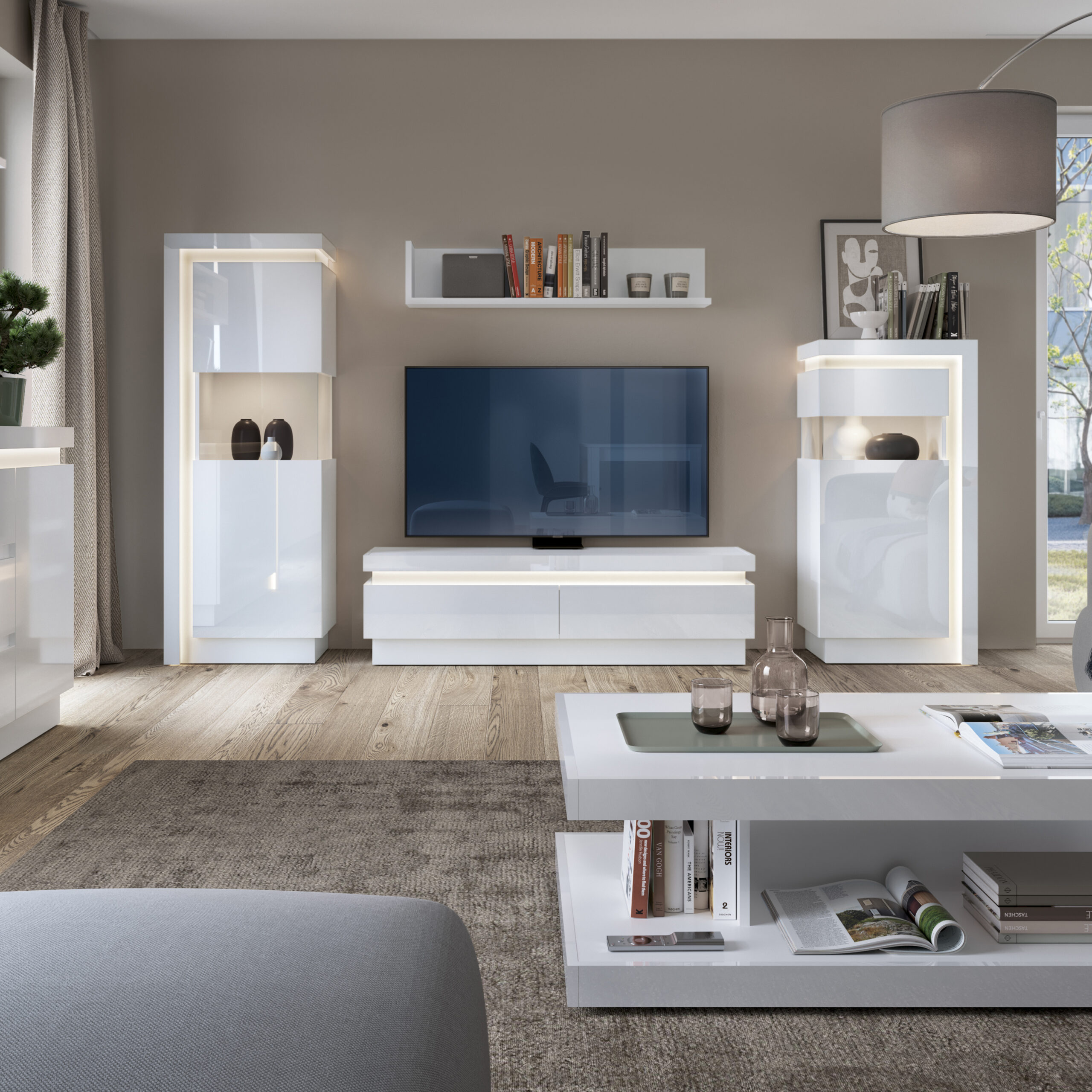 Lyon Narrow display cabinet (LHD) 123.6cm high (including LED lighting) in White and High Gloss - Image 3