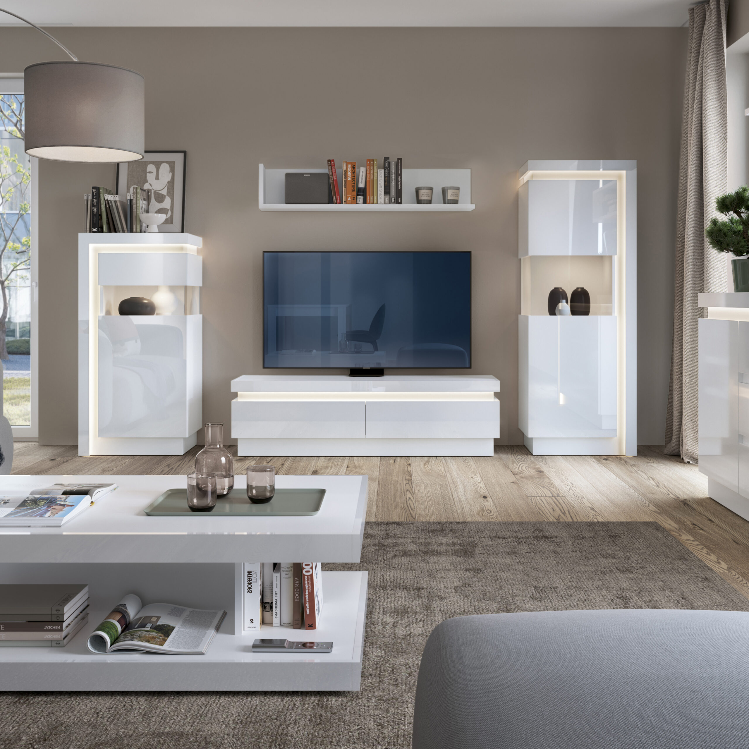 Lyon Narrow display cabinet (RHD) 123.6cm high (including LED lighting) in White and High Gloss - Image 3