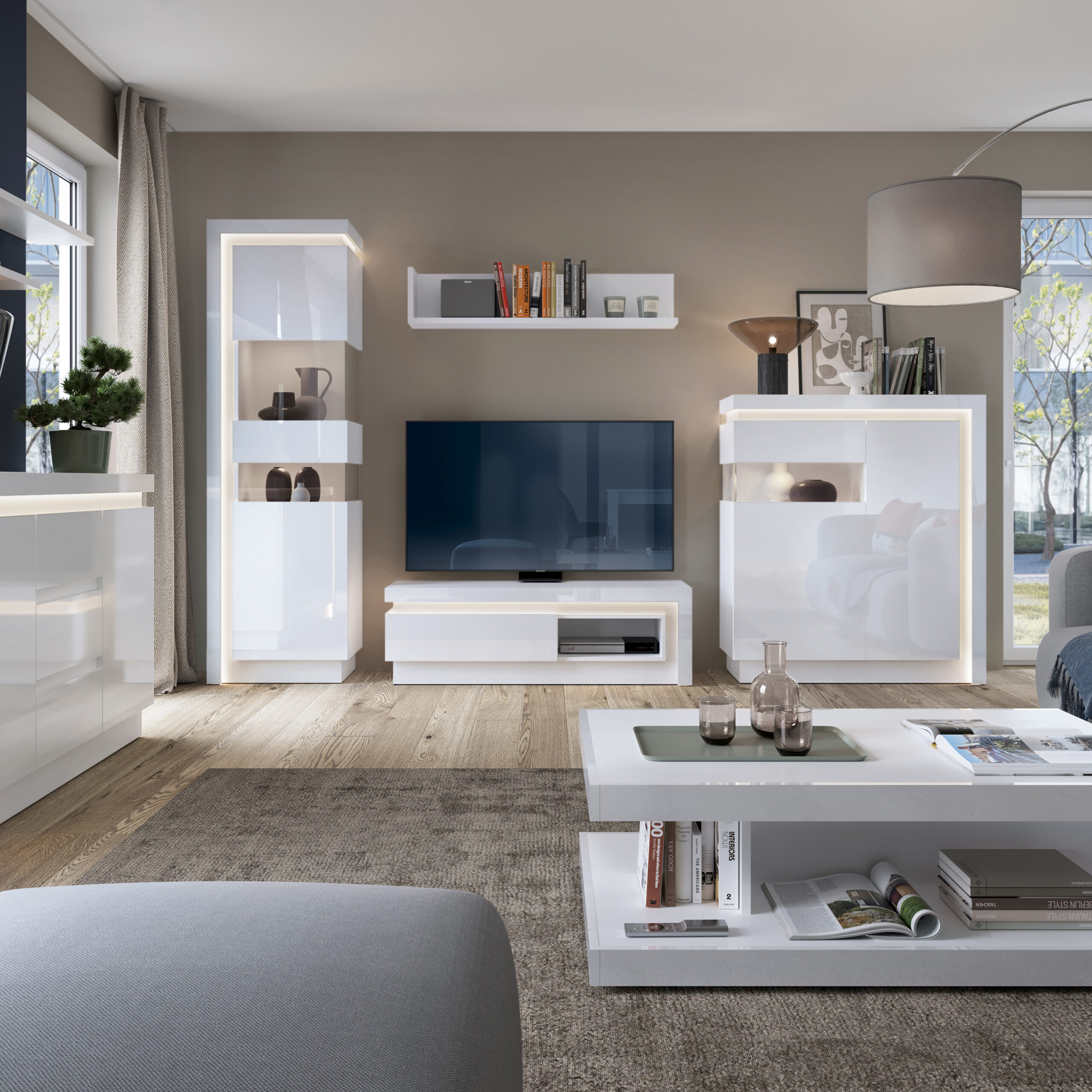 Lyon Tall narrow display cabinet (RHD) (including LED lighting) in White and High Gloss - Image 3