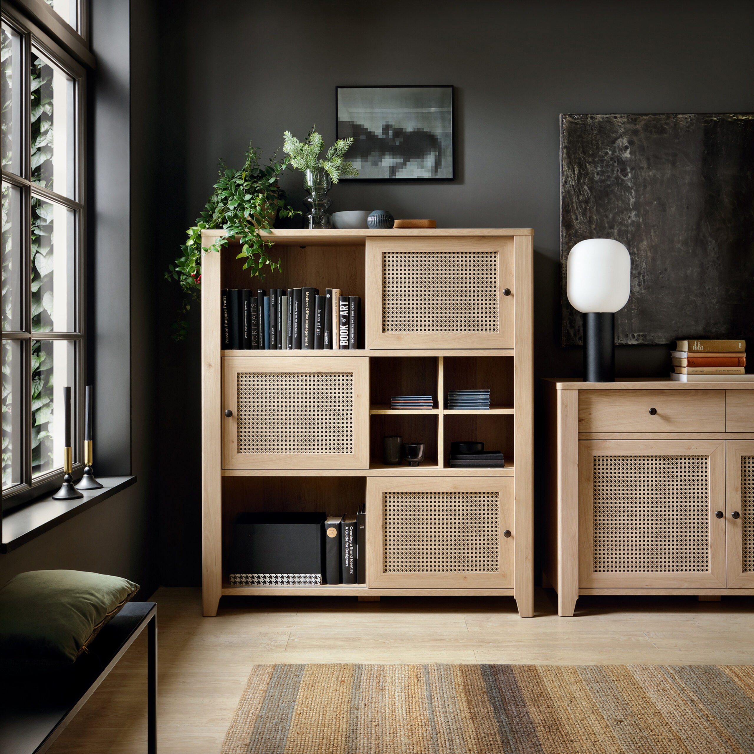Cestino 3 Door Cabinet in Jackson Hickory Oak and Rattan Effect - Image 4