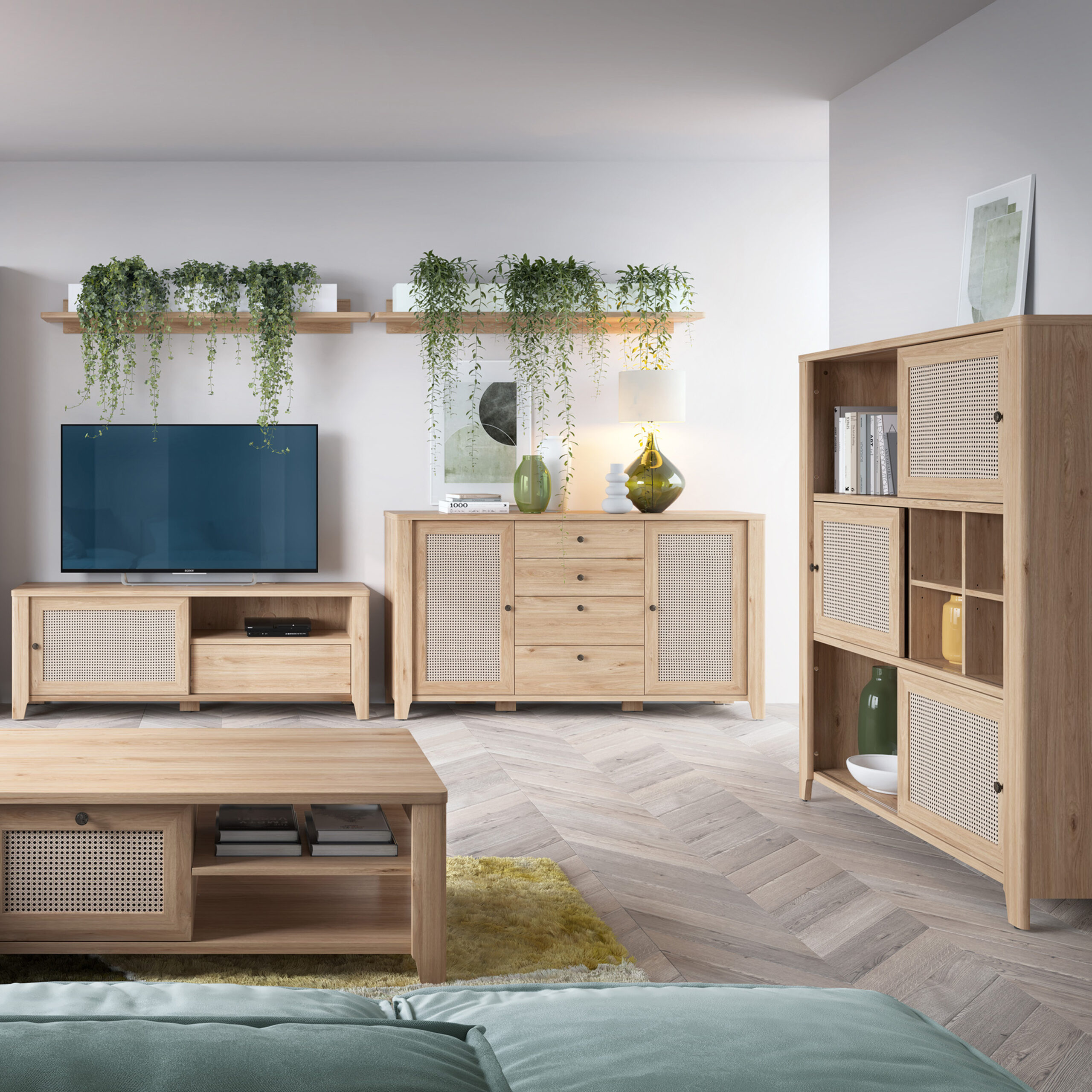 Cestino 3 Door Cabinet in Jackson Hickory Oak and Rattan Effect - Image 5