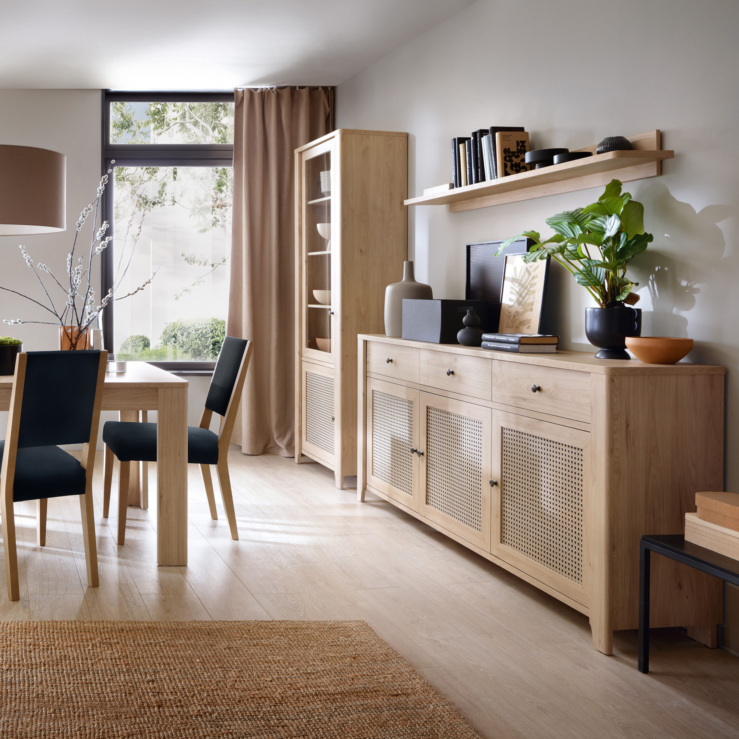 Cestino 2 Door 2 Drawer Display Cabinet in Jackson Hickory Oak and Rattan Effect - Image 4