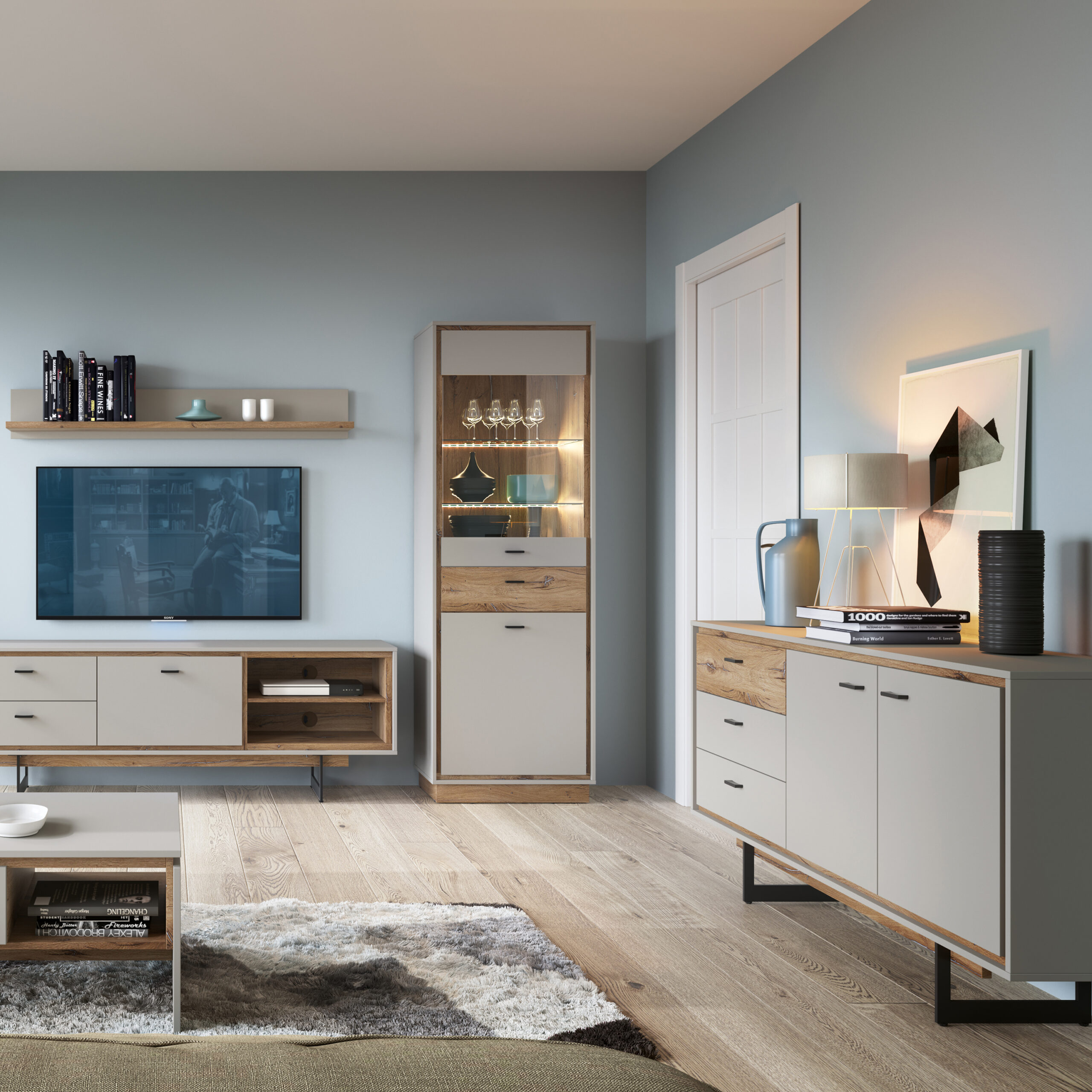 Rivero 2 Door 3 Drawer Sideboard? in Grey and Oak - Image 3