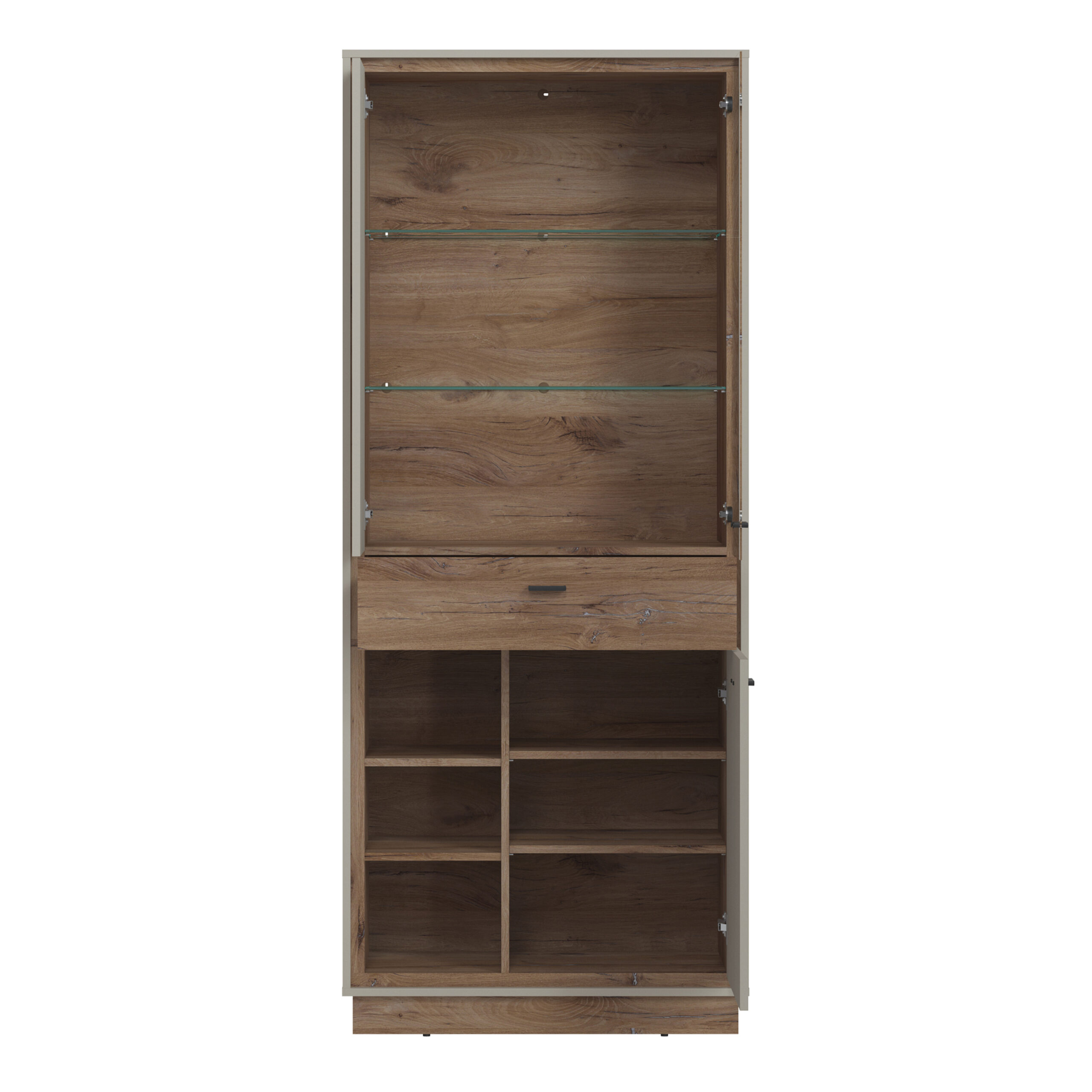 Rivero 3 Door 1 Drawer Open Shelves Wide Display Cabinet in Grey and Oak - Image 2
