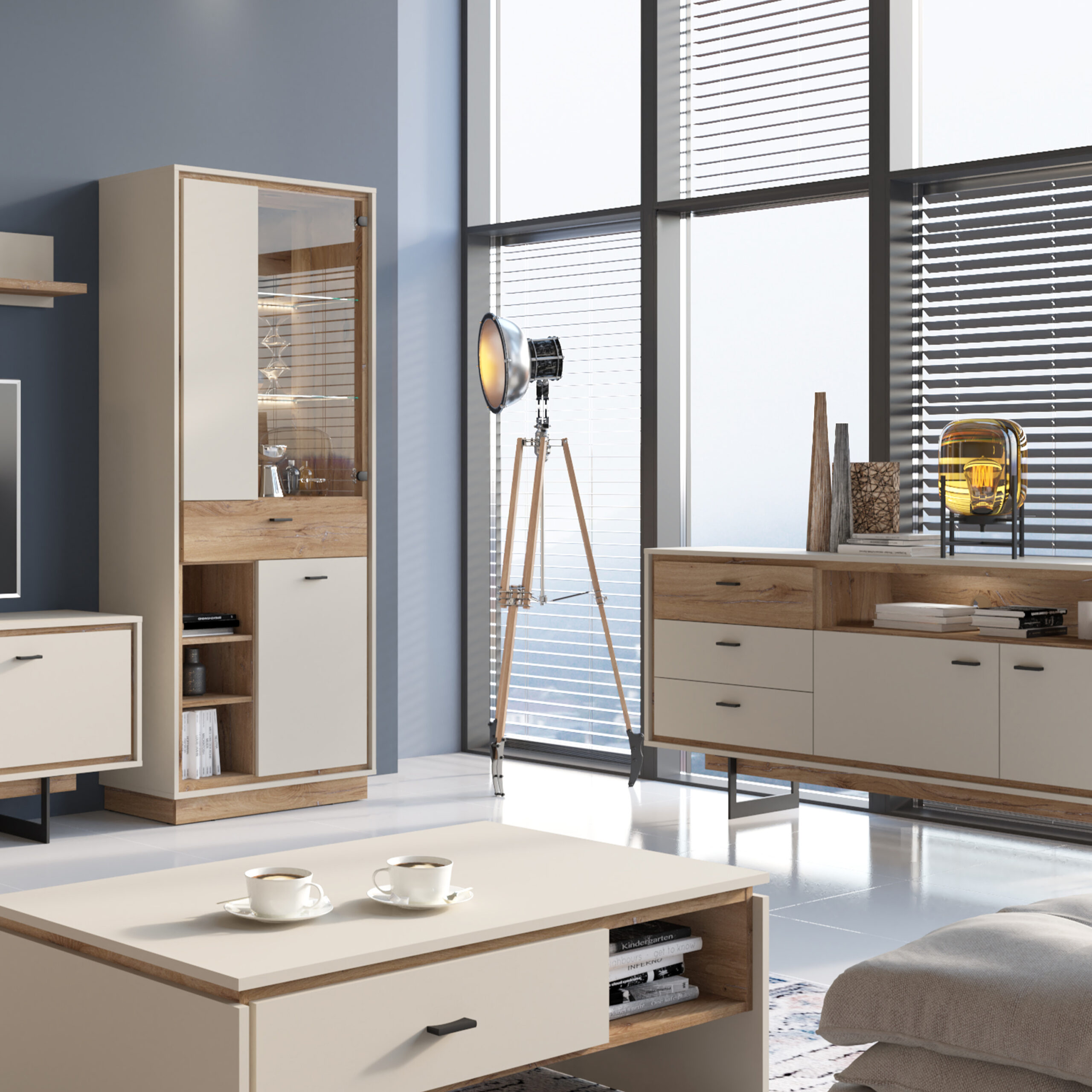 Rivero 3 Door 1 Drawer Open Shelves Wide Display Cabinet in Grey and Oak - Image 3