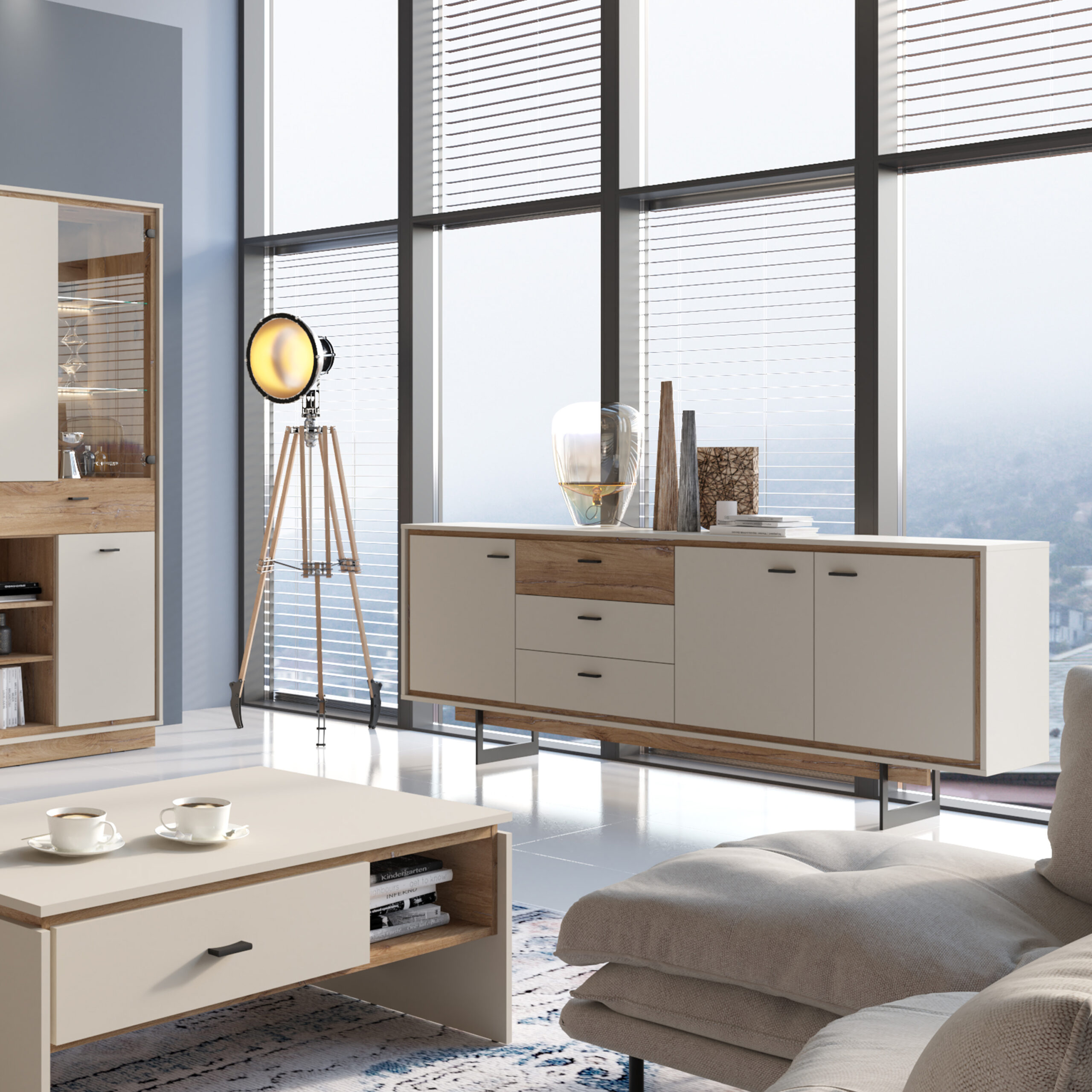 Rivero 3 Door 3 Drawer Wide Sideboard in Grey and Oak - Image 3