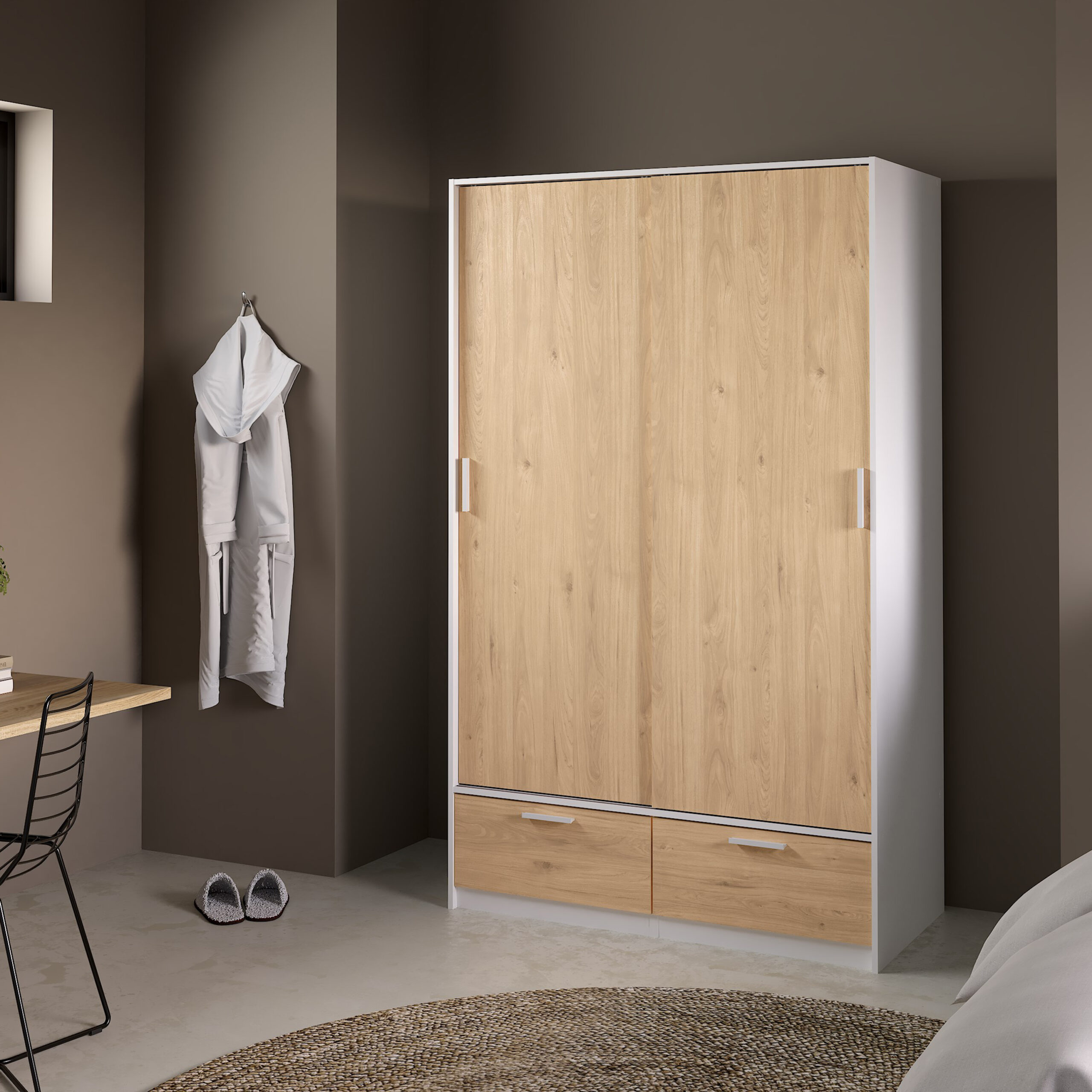 Line Wardrobe with 2 Doors + 2 Drawers in White and Jackson Hickory Oak - Image 6