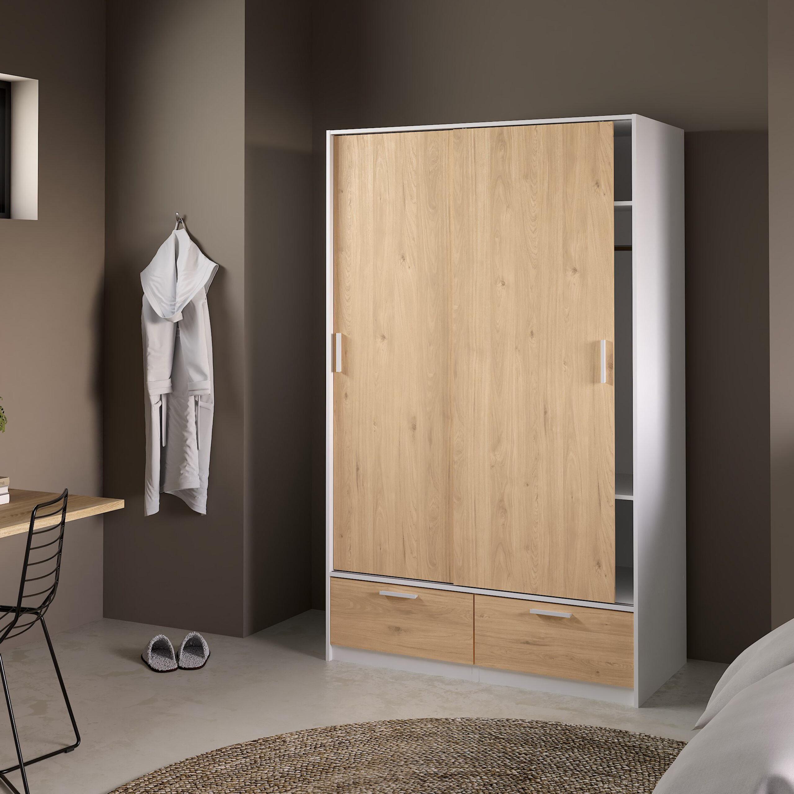 Line Wardrobe with 2 Doors + 2 Drawers in White and Jackson Hickory Oak - Image 7