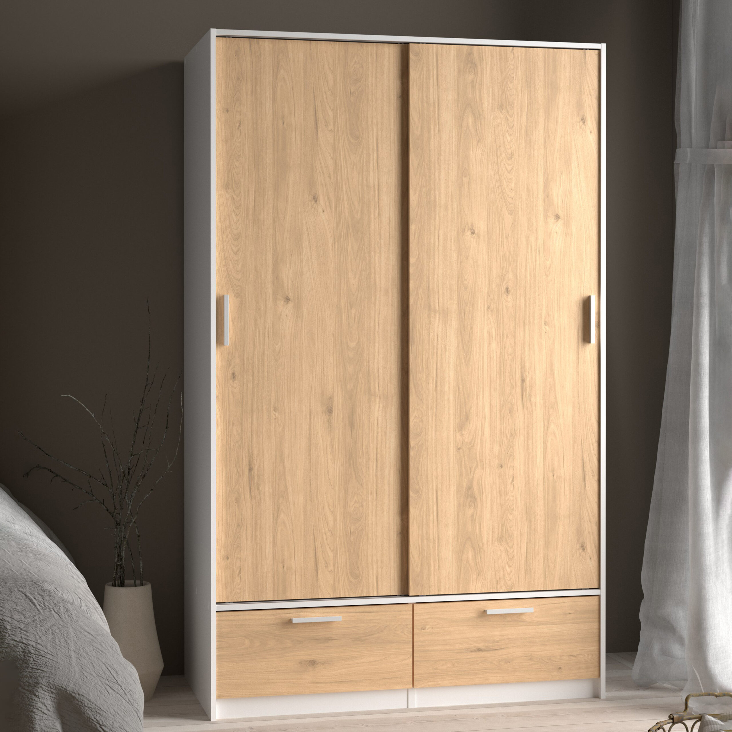Line Wardrobe with 2 Doors + 2 Drawers in White and Jackson Hickory Oak - Image 8