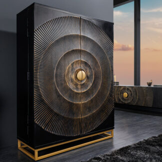 Golden Sunset Handcrafted Bar Cabinet Black Gold Solid Mango Wood Metal Frame 140 CM