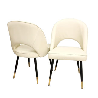 Ted Baker Astra Dining Chair in Pair– Premium Leather & Velvet with Gold-Tipped Legs - Cream Leather