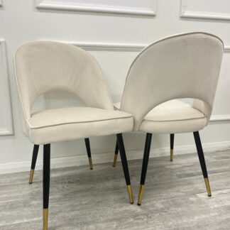 Ted Baker Astra Dining Chair in Pair– Premium Leather & Velvet with Gold-Tipped Legs - Beige Velvet