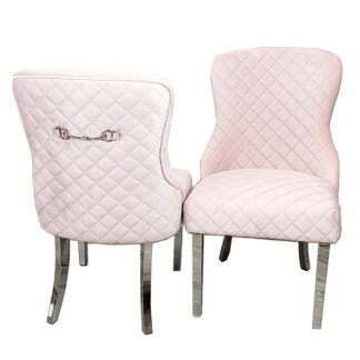 Kate Pink Velvet Dining Chair X2 with Chrome Clasp & Quilted Back