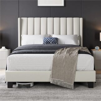 Yaheetech Beige Upholstered Bed Frame with Channel Tufted Headboard