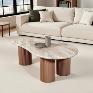 Luna Natural Marble & Wood Pedestal Coffee Table