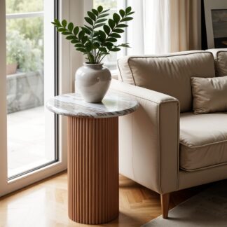 Luna Natural Marble & Wood Pedestal Side Table